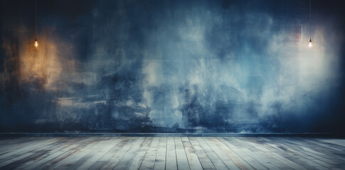 Background of an empty dark room. Empty walls, neon light, smoke, glow. blue neon light.