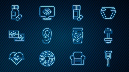 Set line Crutch or crutches, Dumbbell, Medicine bottle and pills, Hearing aid, Monitor with cardiogram,  and Grandmother icon. Vector