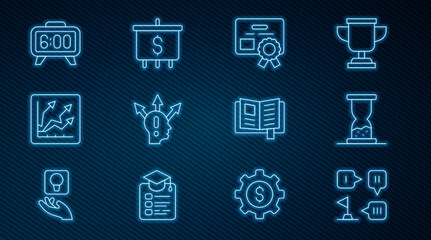 Set line Planning strategy, Old hourglass with sand, Certificate template, Project team base, Financial growth increase, Digital alarm clock, Reading book and Target dollar icon. Vector