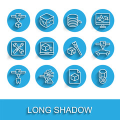 Set line 3D printer tooth, warning, cube, Isometric file, car and  icon. Vector