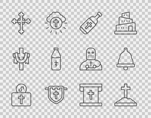 Set line Donation for church, Grave with cross, Holy water bottle, Flag christian, Christian,  and Church bell icon. Vector - obrazy, fototapety, plakaty