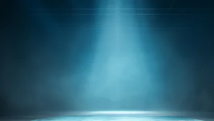 Foto auf Acrylglas Blue theatrical beams of overhead light illuminating an empty dark stage. Bright neon spotlights and smoke on a black studio background. Light show, disco club lights. © Nataliia