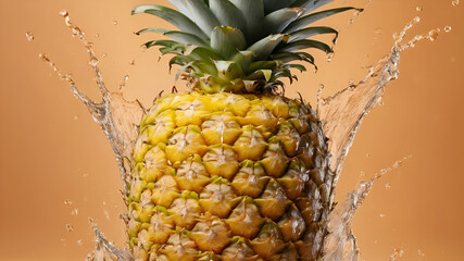 A splash of three pineapples into water
,Water splash on fresh pineapple with leaves isolated on green background