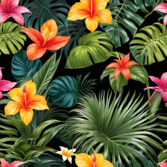 Many brightly colored tropical plants are on a black wall