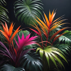Fototapeta na wymiar Many brightly colored tropical plants are on a black wall