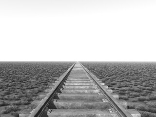 Schienenstrang in einer Landschaft in Schwarz und Weiß