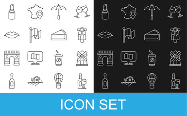 Set line Wine bottle with glass, Windmill, Scooter, Umbrella for beach, Flag France, Smiling lips, Lipstick and Cherry cheesecake slice icon. Vector