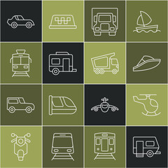 Set line Rv Camping trailer, Helicopter, Speedboat, Delivery cargo truck, Tram and railway, Car and  icon. Vector