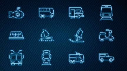 Set line Car, Scooter, Rv Camping trailer, Yacht sailboat, Taxi car roof, Submarine, Windsurfing and Bus icon. Vector