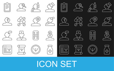 Set line Sedative pills, Human with question mark, Alcoholism, Medicine or tablet, Solution problem psychology, Psychological test and  icon. Vector