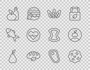 Set line Pear, Cookie or biscuit, Leaf, Vegan bread loaf, Apple cider vinegar in bottle, Heart rate, Steak meat and  icon. Vector