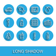 Set line Tree, Paper glass with water, Car, Knife, Bottle of wine, Sauce bottle, Piece cake and Checkered napkin icon. Vector