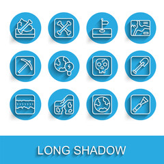 Set line Soil ground layers, Geological fault, Archeology, Earth globe, Paint brush, Global planet with bulb, Shovel and  icon. Vector