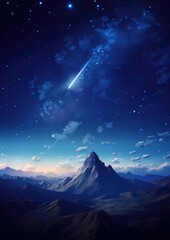 Falling star on night sky during summer night high in mountains. Generative Ai.