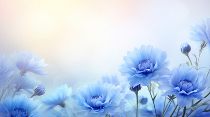 Delicate blue flowers bathed in soft light, with a dreamy bokeh effect in the background. - obrazy, fototapety, plakaty