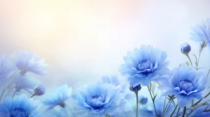 Foto op Plexiglas Delicate blue flowers bathed in soft light, with a dreamy bokeh effect in the background. © tashechka