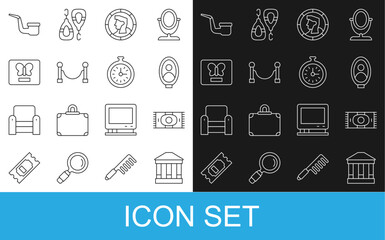 Set line Museum building, Classic carpet, Portrait picture museum, Ancient coin, Rope barrier, Butterfly frame, Smoking pipe and Pocket watch icon. Vector