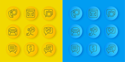 Set line Speech bubble chat, Mail and e-mail, Telephone 24 hours support, handset with shield,  and  icon. Vector