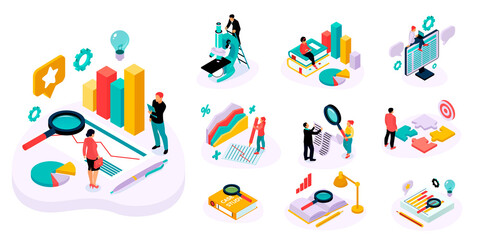 Case study illustration with icons in isometric view