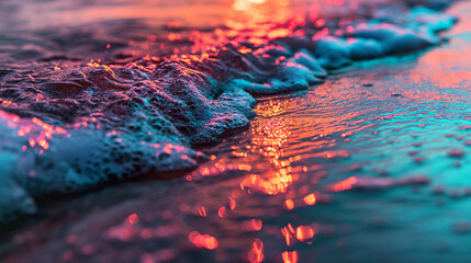 Liquid Neon style of a tranquil beach, where neon lights flow like liquid ballistic gel creating vibrant patterns of turquoise and sunset red raw. Music cover background - obrazy, fototapety, plakaty