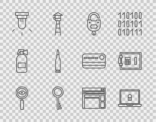 Set line Magnifying glass Search, Laptop and lock, Lock key, Old, Motion sensor, Bullet, Website template and Safe icon. Vector