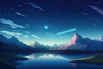 Falling star on night sky during summer night high in mountains. Generative Ai.
