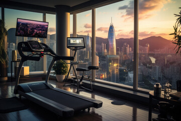 A treadmill is placed in a home gym against the background of a panoramic window.