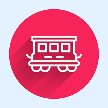 recommend clip art: White line Passenger train cars toy icon isolated with long shadow background. Railway carriage. Red circle button. Vector