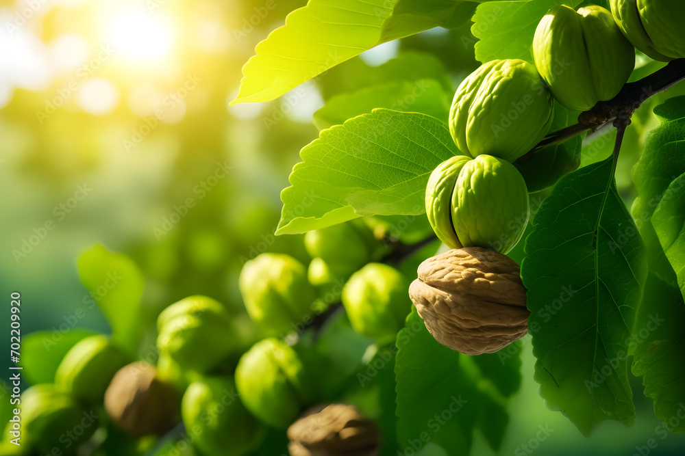 Wall mural Close up of walnuts on a tree branch with green leaves.