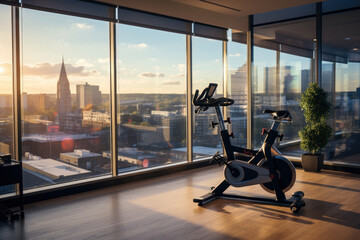 Exercise bike placed in a home gym against the background of a panoramic window. - obrazy, fototapety, plakaty