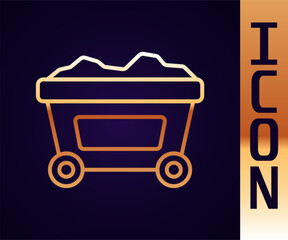Gold line Mine cart with gold icon isolated on black background.  Vector