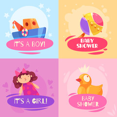 Cartoon colorful baby shower square cards collection with toys