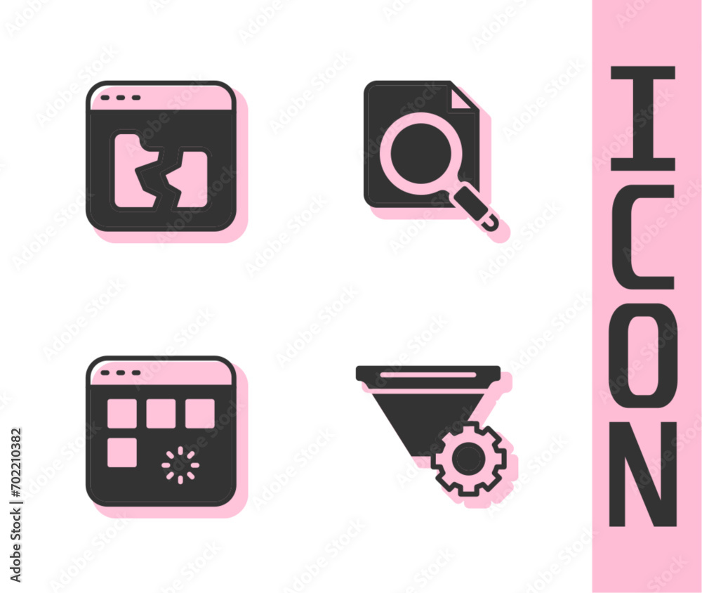 Aufkleber set filter setting, broken file, loading data window and search concept with folder icon. vector