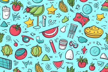 Cartoon cute doodles featuring whimsical hand-drawn summer accessories, perfect for a delightful seamless, Generative AI.