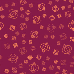 Brown line Chinese paper lantern icon isolated seamless pattern on red background.  Vector