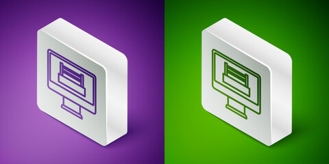 Isometric line Boxing ring show at television screen monitor icon isolated on purple and green background. Silver square button. Vector