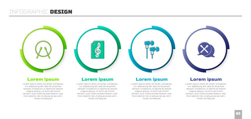 Set Drum and drum sticks, Treble clef, Air headphones and . Business infographic template. Vector