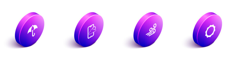 Set Isometric Umbrella, Weather forecast, Windy weather and Sun icon. Vector