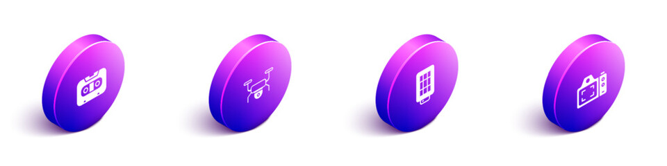 Set Isometric Retro audio cassette tape, Drone flying, Softbox light and Photo camera icon. Vector