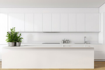Beautiful white empty minimalistic kitchen background with white worktops, can be used as a mock up