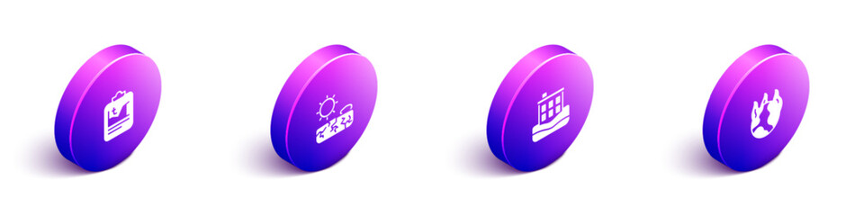 Set Isometric Global warming, Drought, House flood and fire icon. Vector