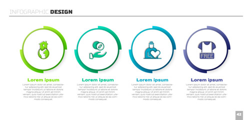 Set Shelter for homeless, Donation hand with money, Volunteer and Clothes donation. Business infographic template. Vector