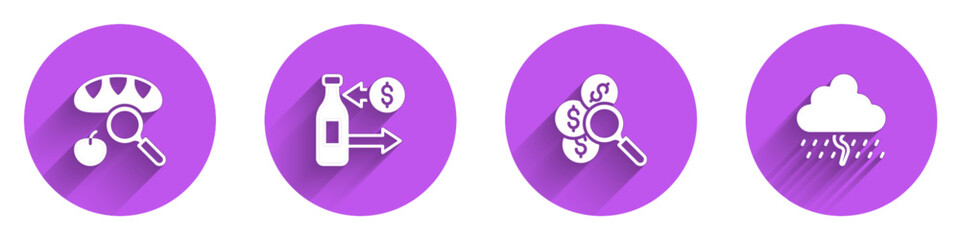 Set Searching for food, Reception of glass bottles, money and Cloud with rain icon with long shadow. Vector