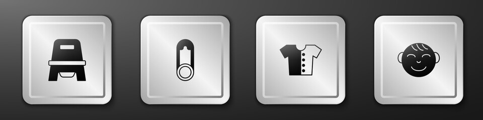 Set Baby potty, clothes pin, t-shirt and Little boy head icon. Silver square button. Vector