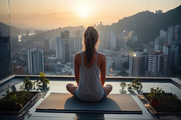 Back view of caucasian woman practicing yoga sitting in the lotus position against the background of a panoramic window with an urban view