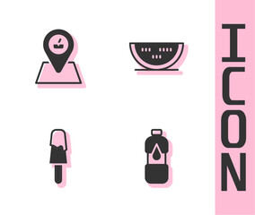Set Bottle of water, Picnic location, Ice cream and Watermelon icon. Vector