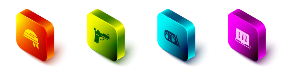 Set Isometric Bandana, Pistol or gun, Drum machine music and Sound audio recorder icon. Vector