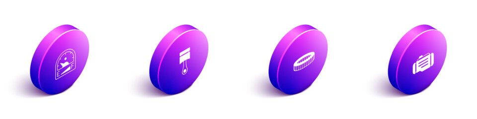 Set Isometric Motor gas gauge, Engine piston, Car air filter and Check engine icon. Vector