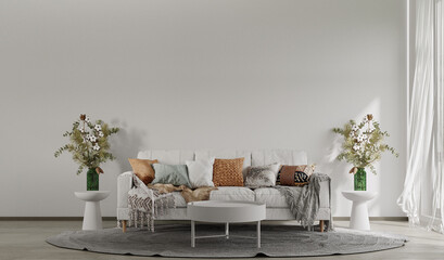 Modern minimal interior of living room with cozy sofa on empty white concrete wall background. 3d rendering