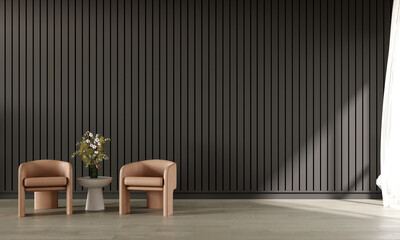 Modern interior of living room with cozy arm chairs set and empty black wall background. 3d rendering